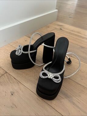 Black Rhinestone Bow Platform Heels